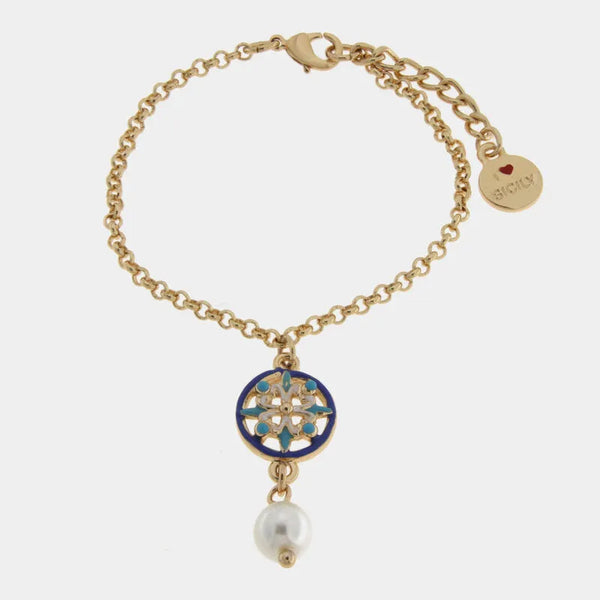 Bracciale in Metallo con ciondolo pendente ispirato alle maioliche siciliane e sfera bianca SICILY - gioiello BySimon
