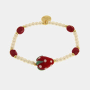 Bracciale in Metallo elastico con Murano Stone perle rosse e bianche e fragola rossa