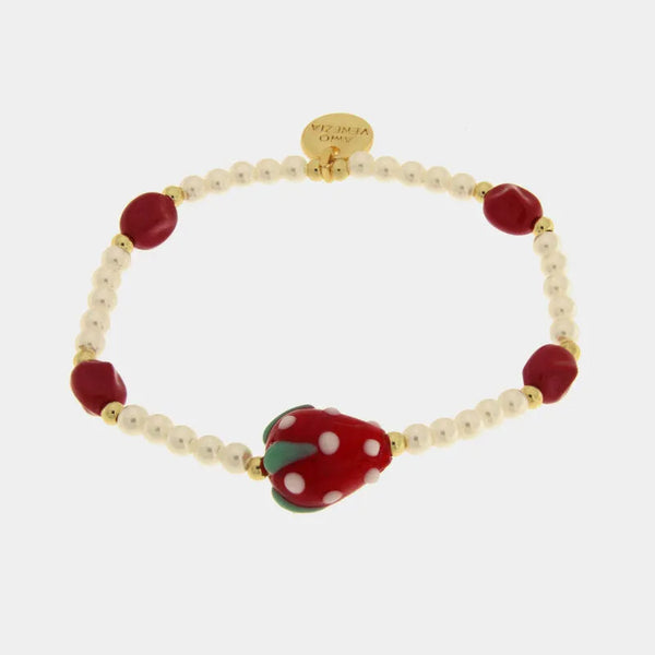 Bracciale in Metallo elastico con Art Glass Stone perle rosse e bianche e fragola rossa - BYSIMON gioielli