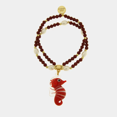 Bracciale in Metallo elastico multifilo con Vetro Murano cavalluccio marino rosso e pietre rosse AMOVENEZIA - gioiello BySimo