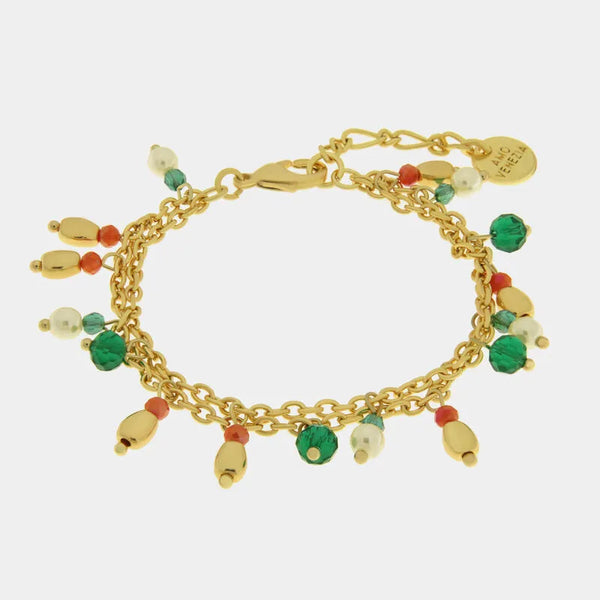 Bracciale in Metallo con Art Glass Stone ciondoli verdi e rosa pendenti - BYSIMON gioielli