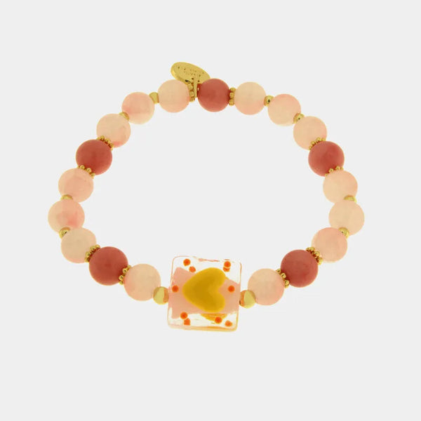 Bracciale in Metallo elastico con Art Glass Stone pietre rosa e cuore giallo - BYSIMON gioielli