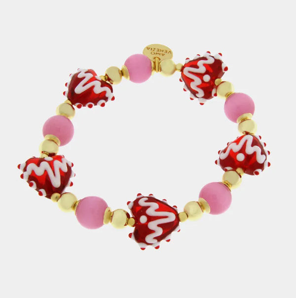 Bracciale in Metallo elastico con Art Glass Stone pietre rosa e cuore rosso - BYSIMON gioielli