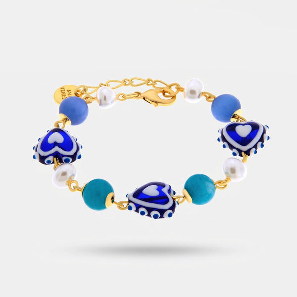 Bracciale in Metallo con Art Glass Stone pietre bianche e cuore blu - BYSIMON gioielli