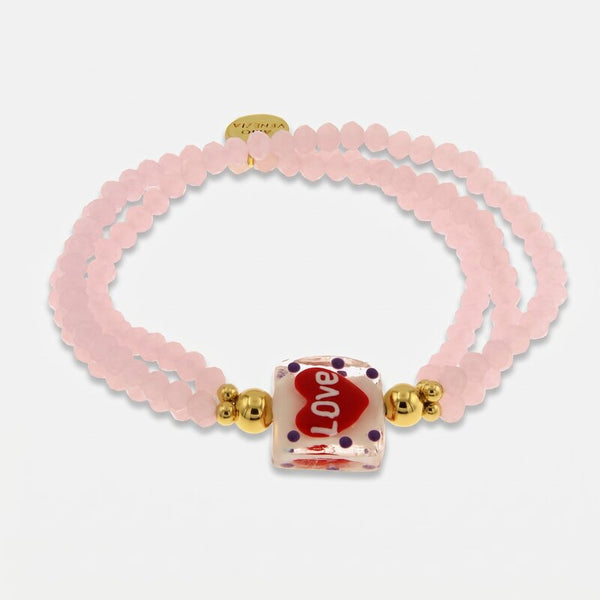 Bracciale in Metallo elastico multifilo con pietre rosa e cuore rosso - BYSIMON gioielli