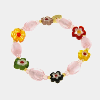 Bracciale in Metallo elastico con art glass e fiori colorati e pietre rosa