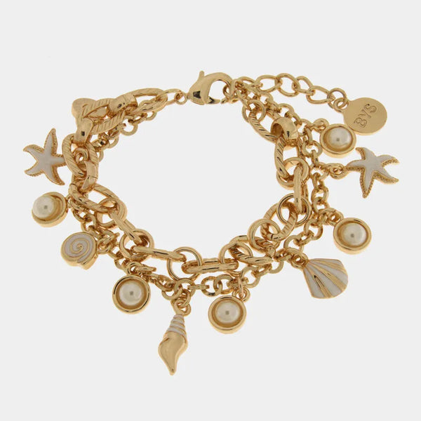 Bracciale doppio filo in metallo con simboli marini ancora e conchiglie - BYSIMON