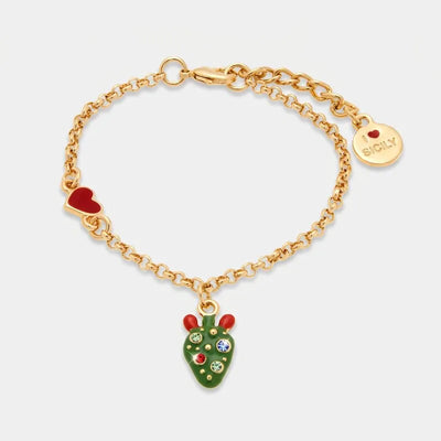 Bracciale in Metallo fico d'india con cristalli e cuore rosso