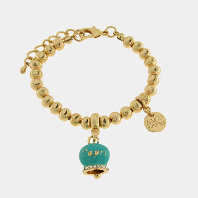 Bracciale in Metallo con campanella portafortuna blu turchese e cristalli CAPRI - gioiello BySimon
