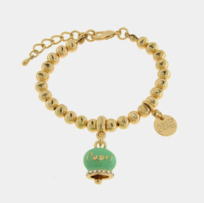Metal bracelet with mint green lucky bell and crystals