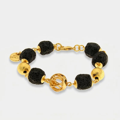 Bracciale in Metallo con sfere dorate e pietre laviche