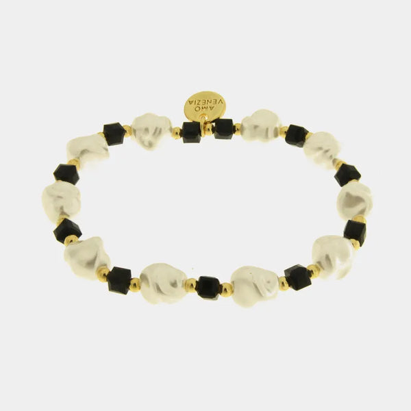 Bracciale in Metallo cristalli cubici neri e perline - BYSIMON gioielli