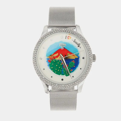 Orologio Analogico Met. quadrante impreziosito da simboli siciliani e cristalli bianchi