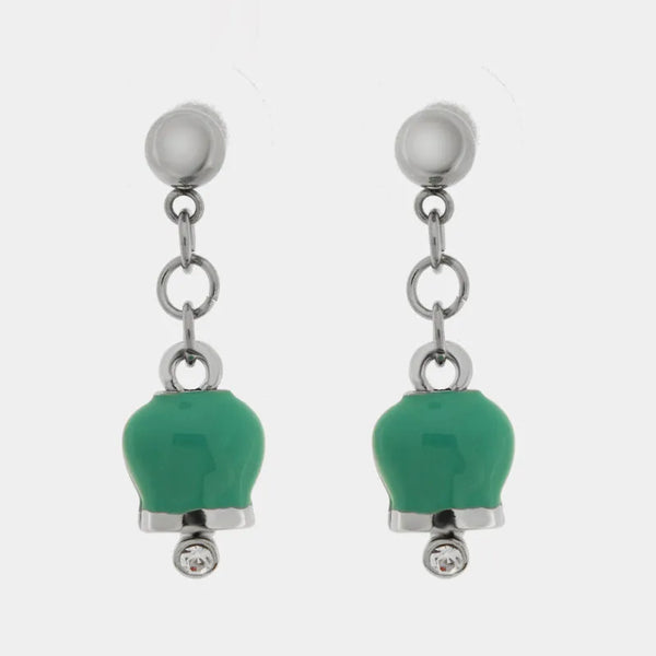 Orecchini in Acciaio con campanelle portafortuna pendenti verde acqua, impreziosite da punto luce - BYSIMON gioielli