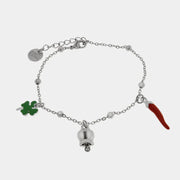 Cavigliera in Acciaio multi ciondoli portafortuna, campana, quadrifoglio e cornetto, impreziositi da smalti colorati