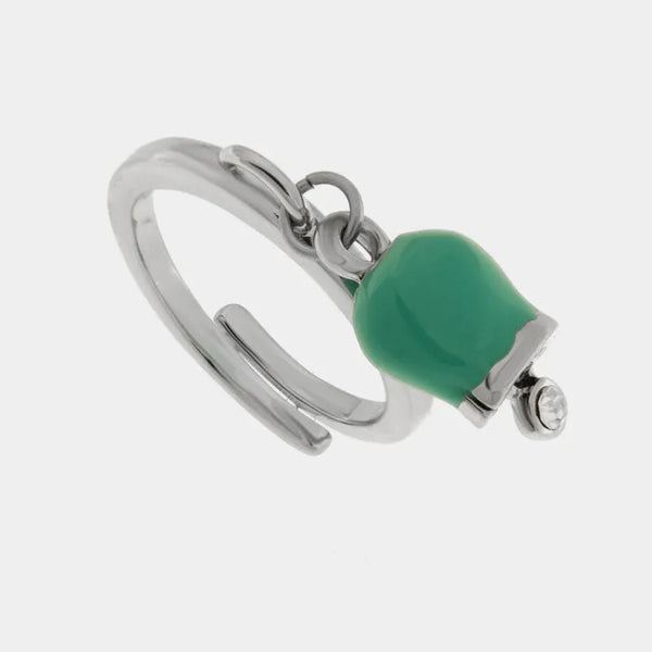 Anello in Acciaio con campanella verde acqua impreziosita da punto luce - BYSIMON gioielli
