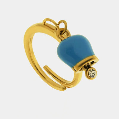 Anello in Acciaio con campanella portafortuna pendente verde acqua - BYSIMON gioielli