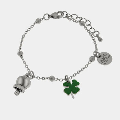 Bracciale in Acciaio con quadrifoglio pendente e campanella portafortuna con punto luce - BYSIMON gioielli