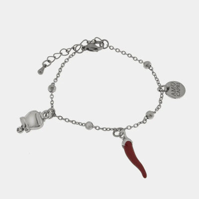 Bracciale in acciaio con cornetto rosso portafortuna e campanella | bracciale cornetto portafortuna | BYSIMON