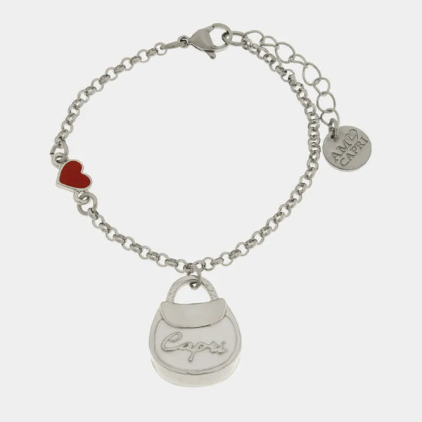 Bracciale in Acciaio con borsa bianca scritta Capri e cuore - BYSIMON gioielli