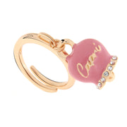 Metal ring with pendant lucky bell embellished with pink enamel and crystals