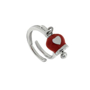 Anello in Metallo con campanella portafortuna rossa e cuore, impreziosita da cristalli bianchi