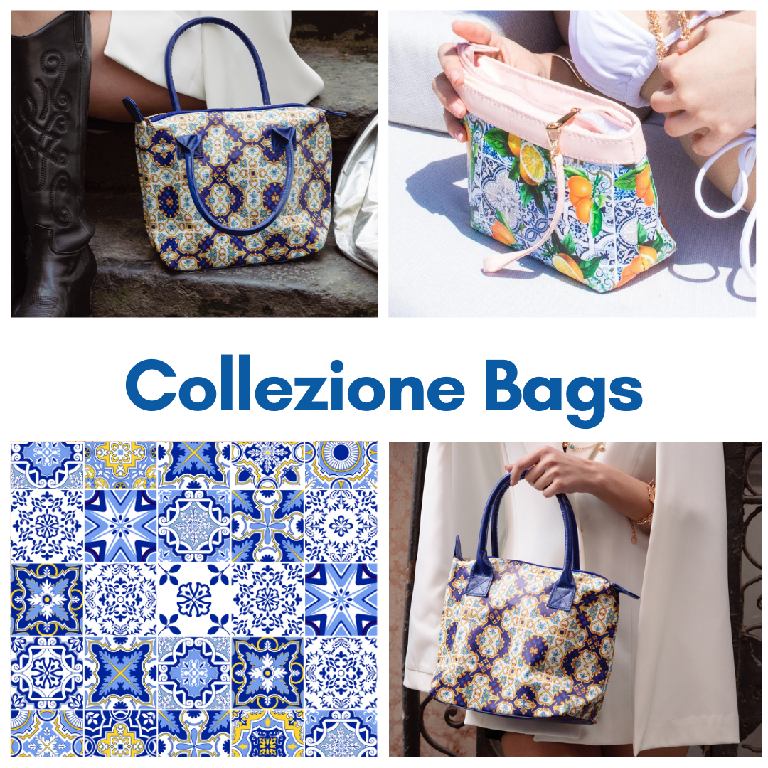 collezione bags, pochette, borse da mare, borse da spiaggia con maiolica Capri e Sicilia