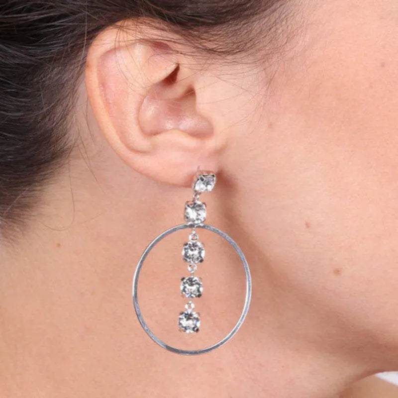 Sterling Silver 925 Earrings with a Cascade of White Crystals in a Dangling Circle