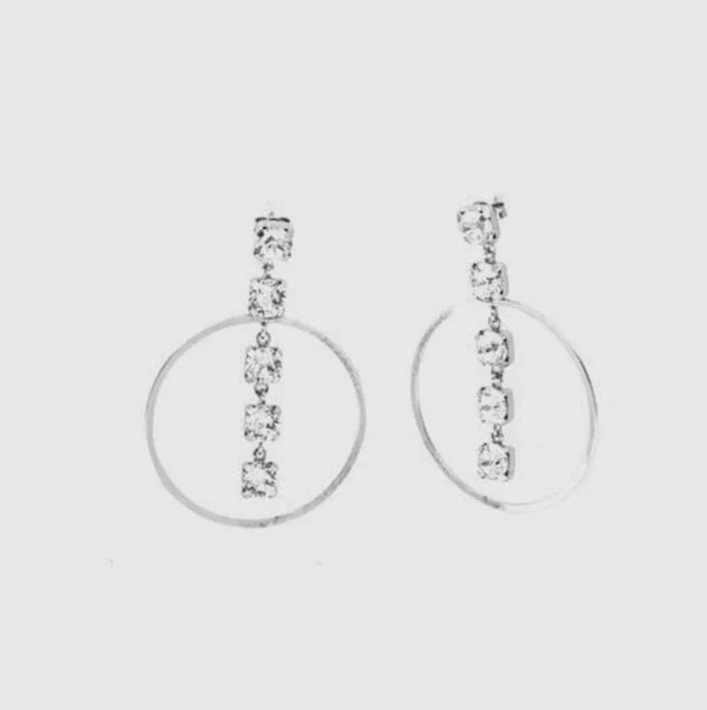 Sterling Silver 925 Earrings with a Cascade of White Crystals in a Dangling Circle