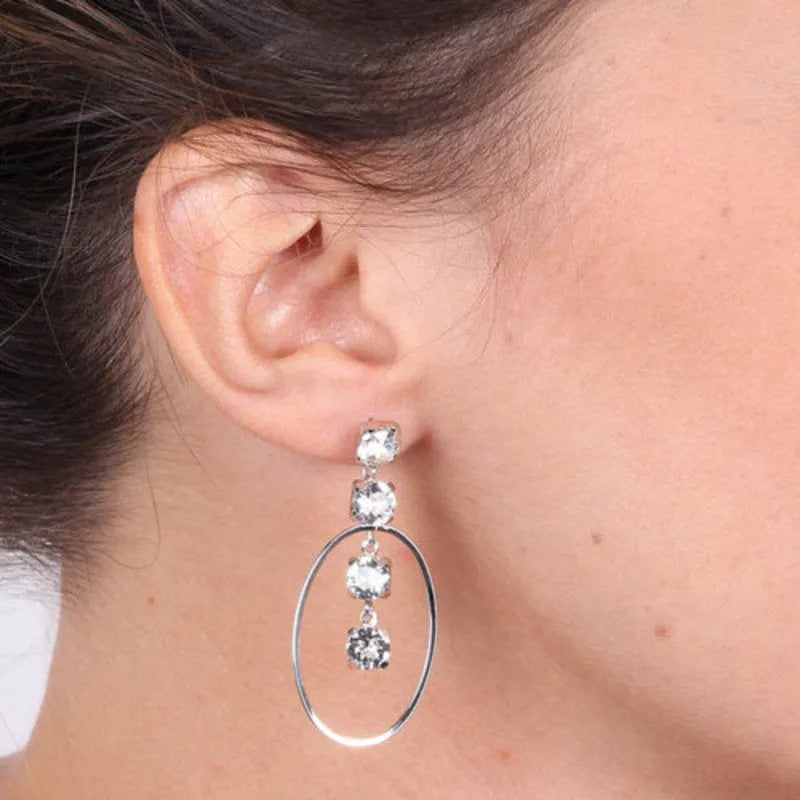 925 Sterling Silver Circle Dangle Waterfall White Crystal Earrings