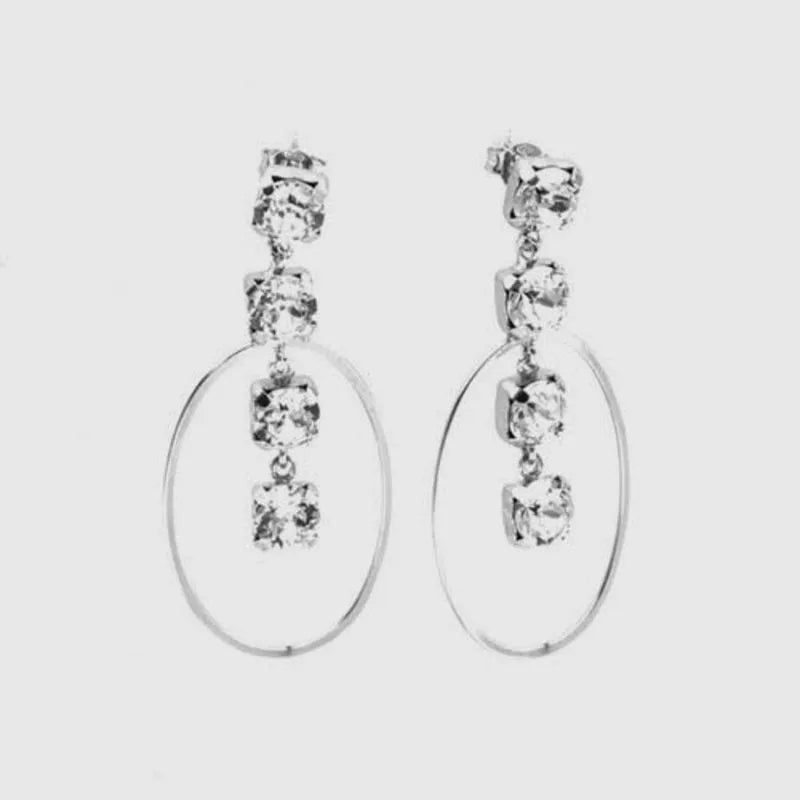 925 Sterling Silver Circle Dangle Waterfall White Crystal Earrings