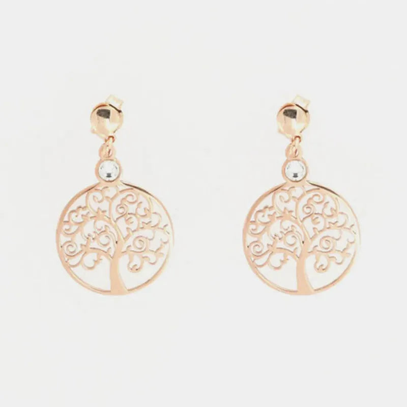 Orecchini in Argento 925 con alberi della vita a rami arricciati e punto luce di cristallo bianco.