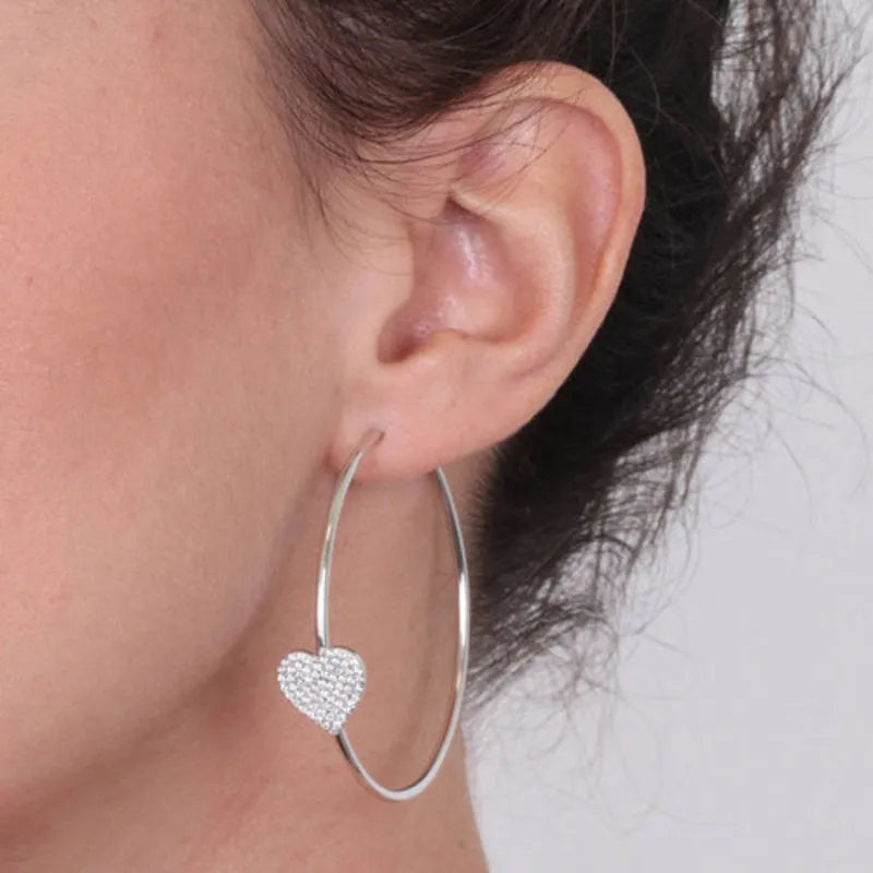 Sterling Silver 925 Hoop Earrings with White Zircon Hearts