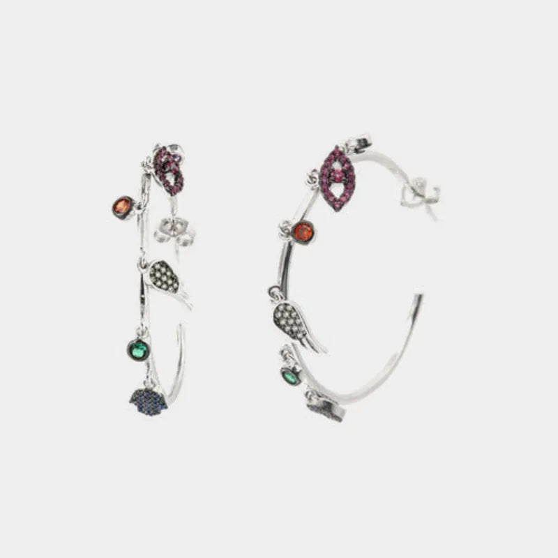 Sterling Silver 925 hoop earrings with dangling charms and colored zircons
