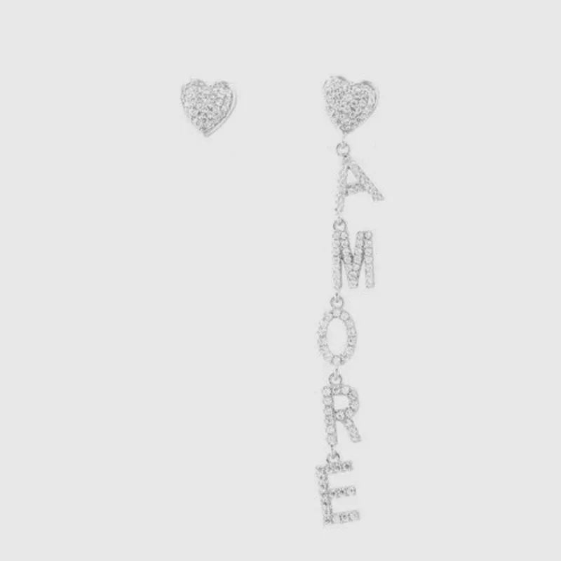 925 Sterling Silver stud earrings with heart and dangling "amore" inscription, embellished with white zircons