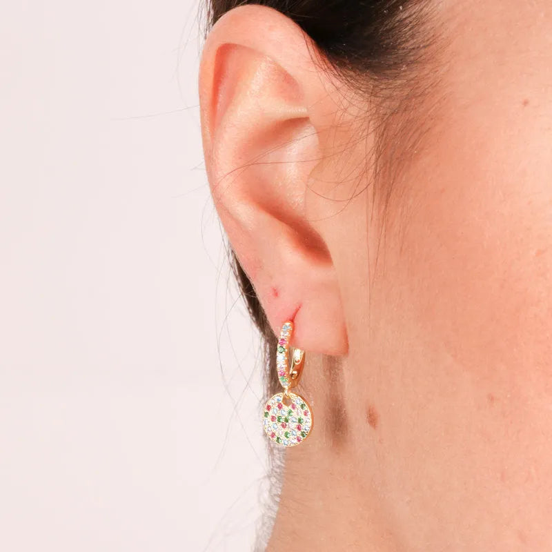925 Silver hoop earrings with a round pendant embellished with multi-colored zircons