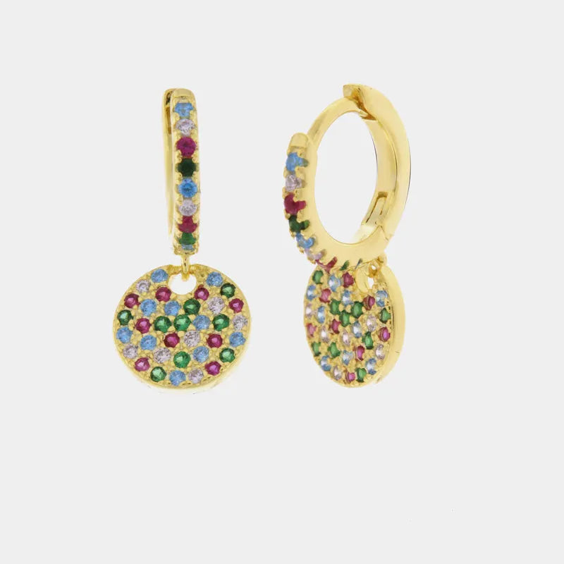 925 Silver hoop earrings with a round pendant embellished with multi-colored zircons