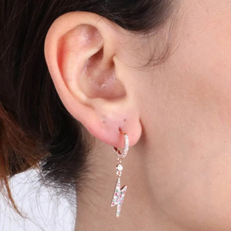925 Silver hoop earrings with lightning bolt pendant embellished with multi-colored zircons