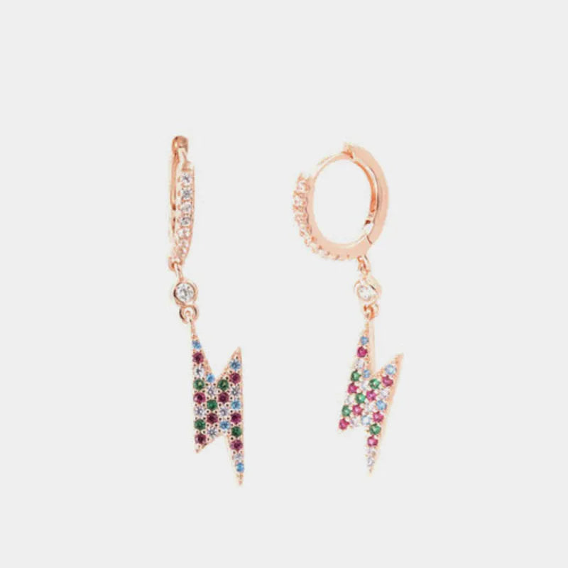 925 Silver hoop earrings with lightning bolt pendant embellished with multi-colored zircons