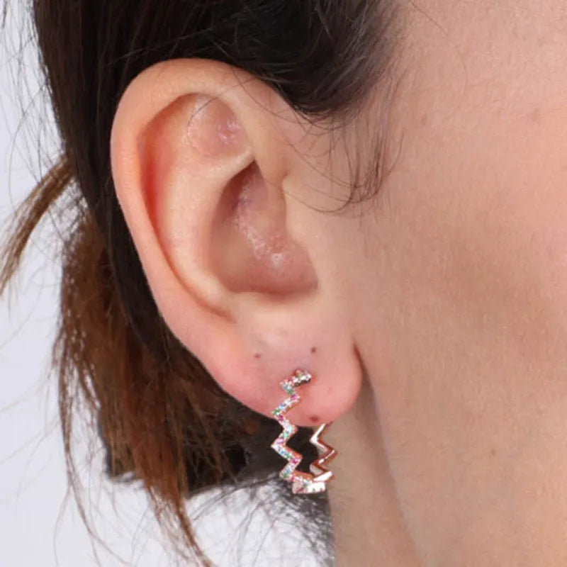 Sterling Silver 925 zig-zag hoop earrings with multicolored zircons