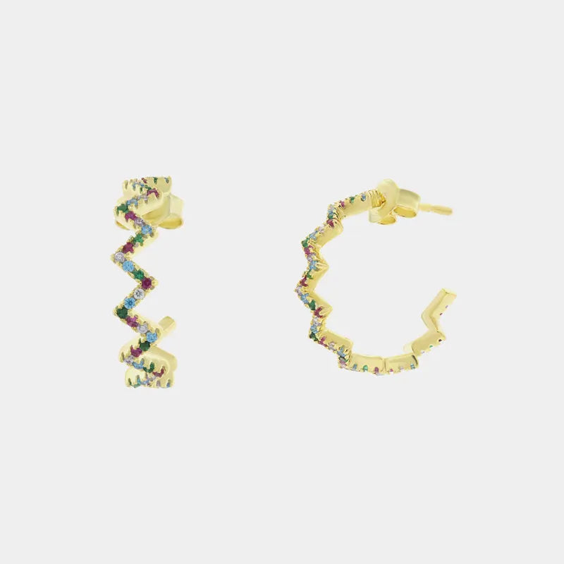 Sterling Silver 925 zig-zag hoop earrings with multicolored zircons