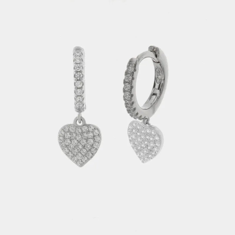 Orecchini in Argento 925 cerchietto con cuore pendente impreziosito da zirconi bianchi - BYSIMON gioielli