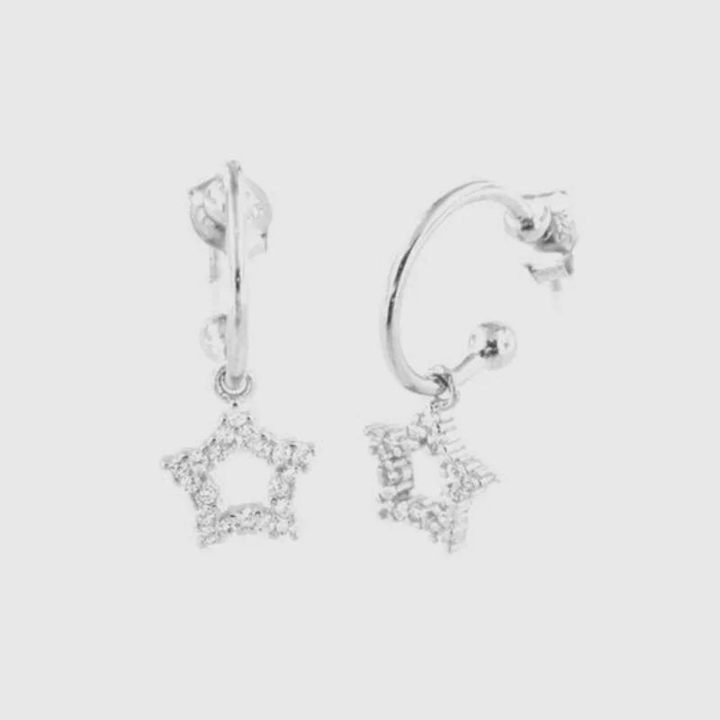 Sterling Silver 925 hoop earrings with dangling stars embellished with white zircons