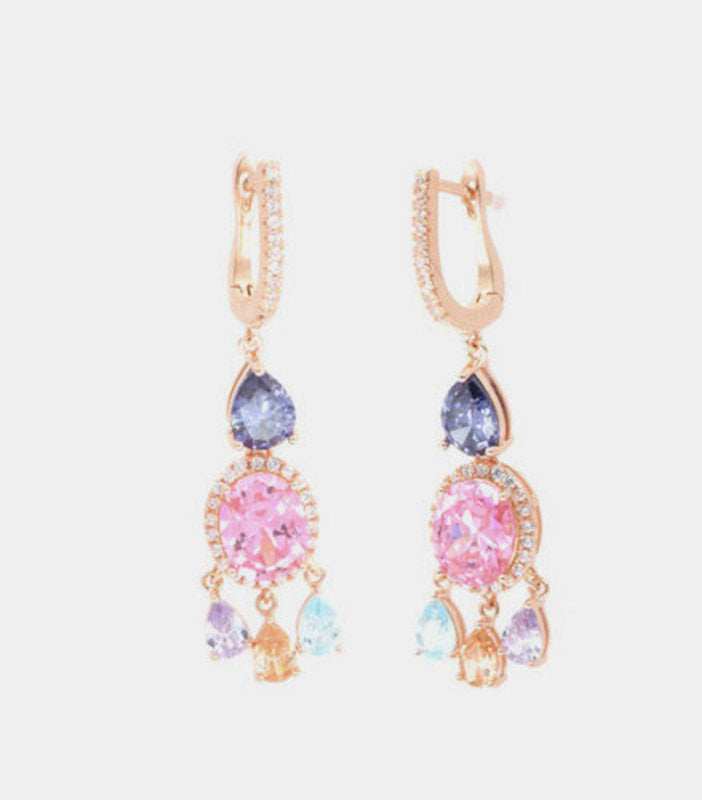 Orecchini in Argento 925 pendenti con zircone rosa centrale, impreziosito da gocce di zirconi multicolore SIMEONE - gioiello 