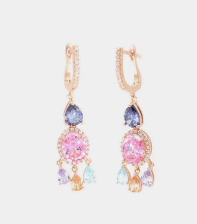 Orecchini in Argento 925 pendenti con zircone rosa centrale, impreziosito da gocce di zirconi multicolore SIMEONE - gioiello 