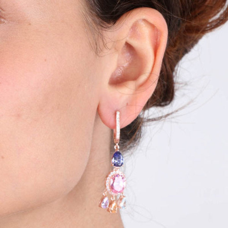 Orecchini in Argento 925 pendenti con zircone rosa centrale, impreziosito da gocce di zirconi multicolore SIMEONE - gioiello 
