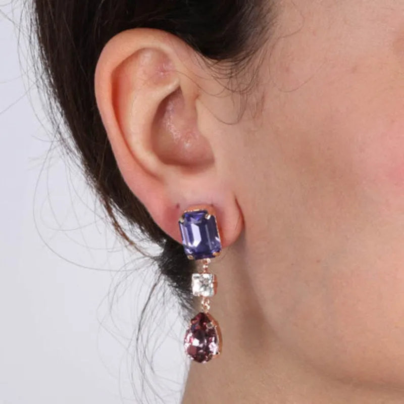 Sterling Silver earrings with a trio of colored crystals, drop