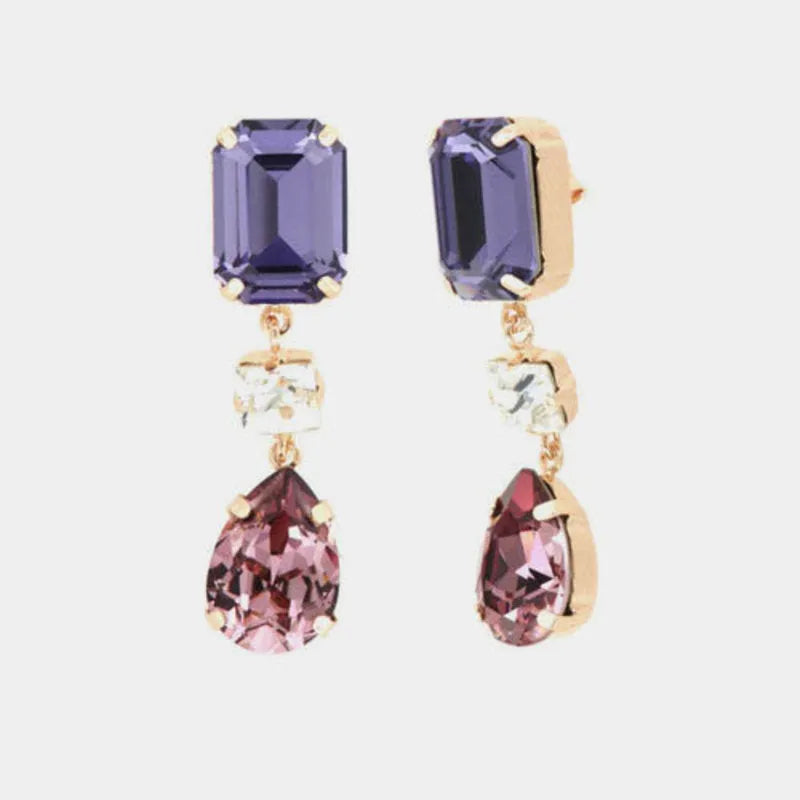 Sterling Silver earrings with a trio of colored crystals, drop