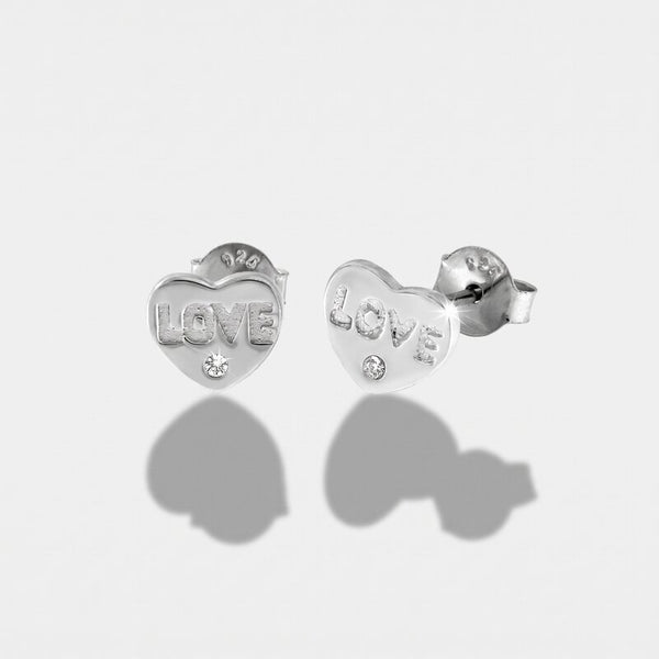 Orecchini in Argento 925 cuore con scritta love e mini punto luce bianco Collezione Barcellona - BYSIMON gioielli