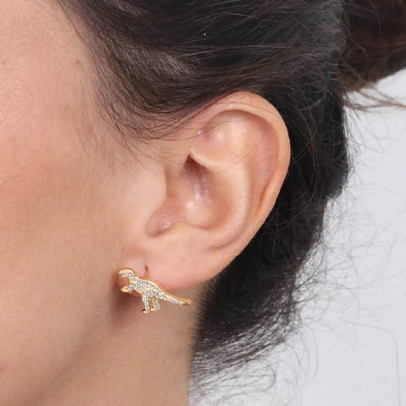 925 Silver stud earrings with dinosaurs, embellished with white zircons